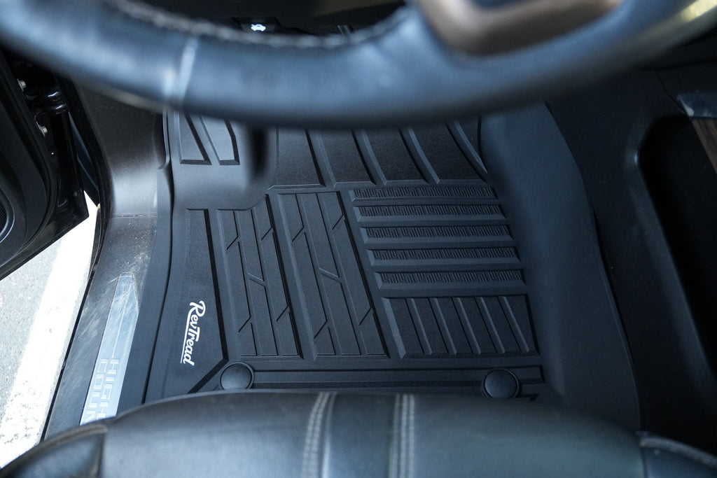 RevTread driver-side floor liner installed in a Chevy Silverado/GMC Sierra crew cab, top view