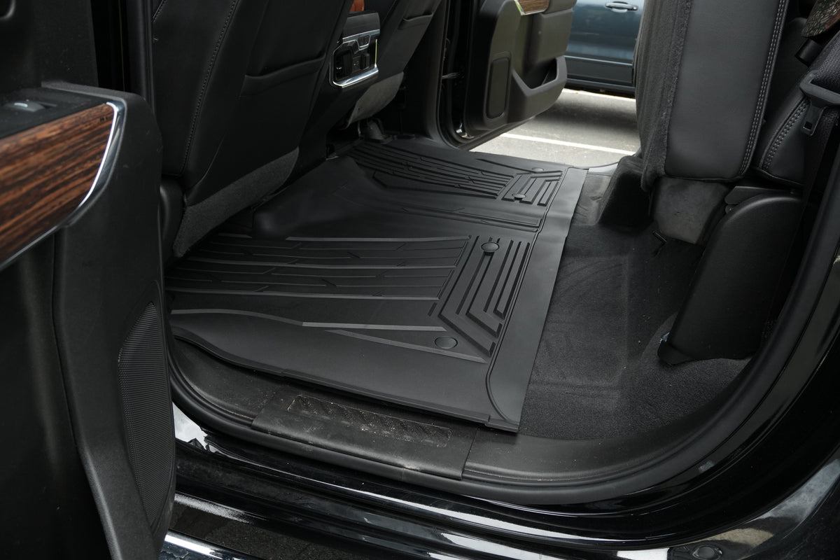 RevTread rear-row floor liner covering the second row of a Silverado/Sierra crew cab